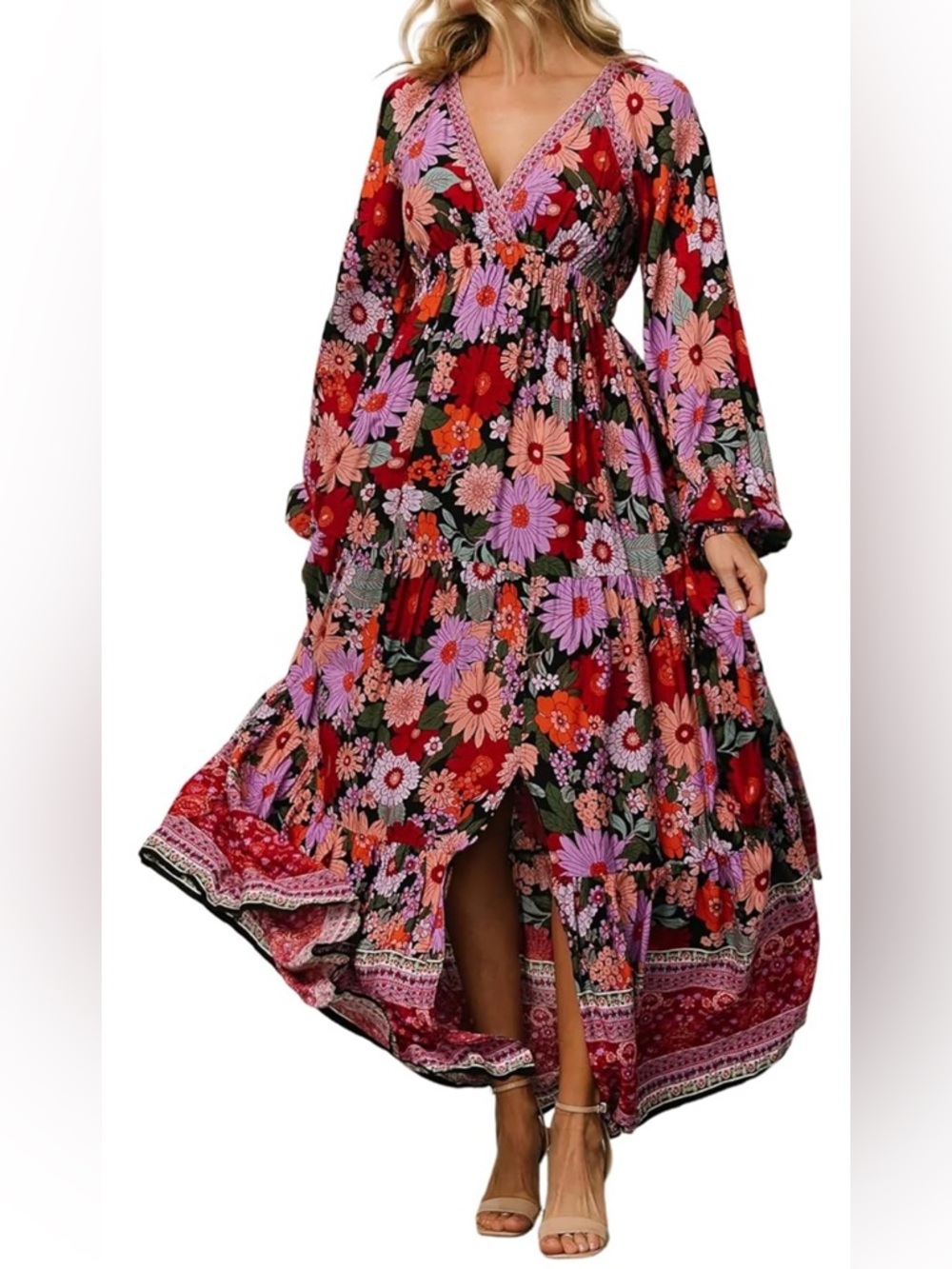 Boho Floral V-Neck Maxi Dress - Red & Pink